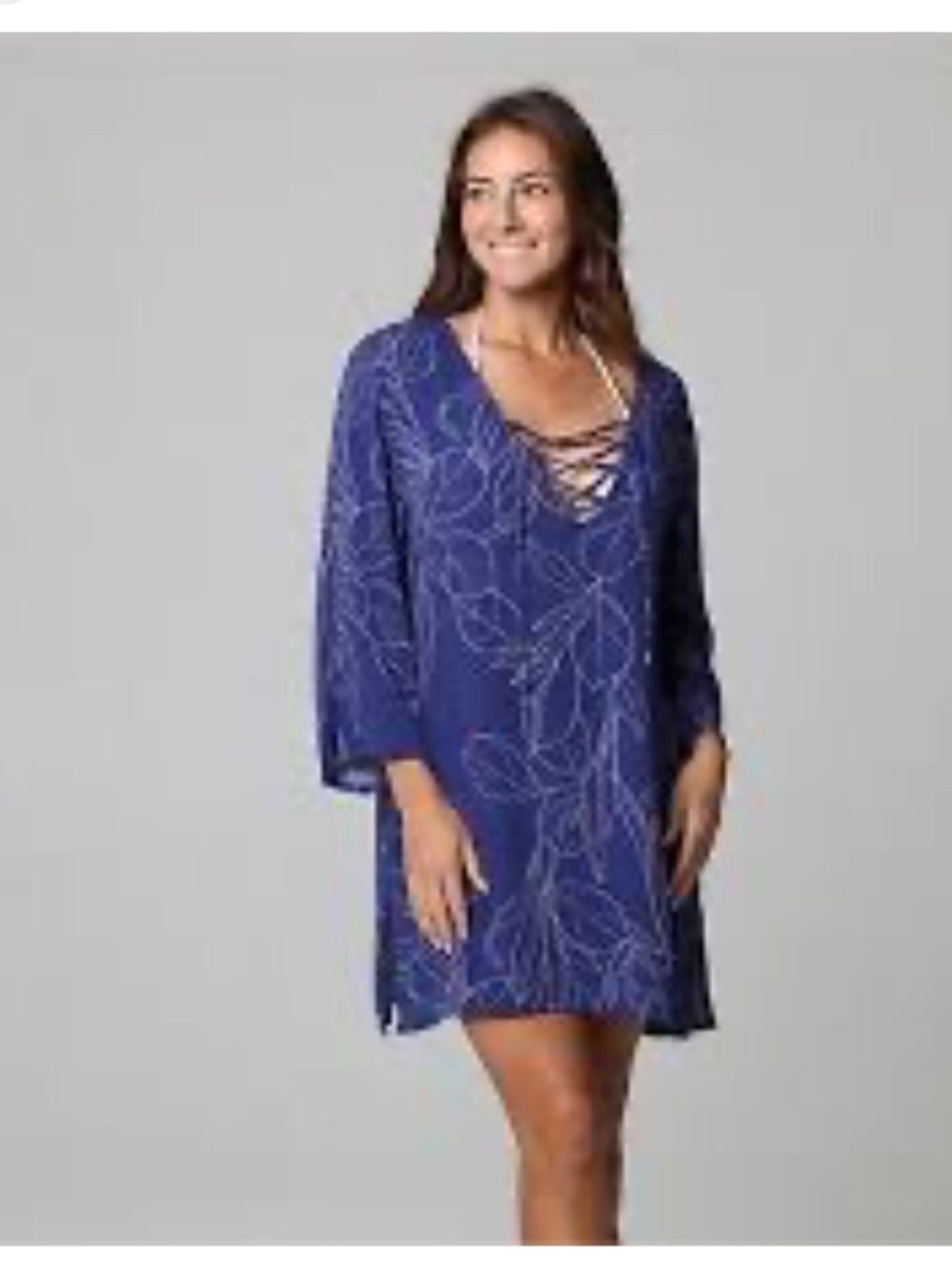 Portocruz blue and white leaf-print lace-up swim cover-up tunic size XL nwt